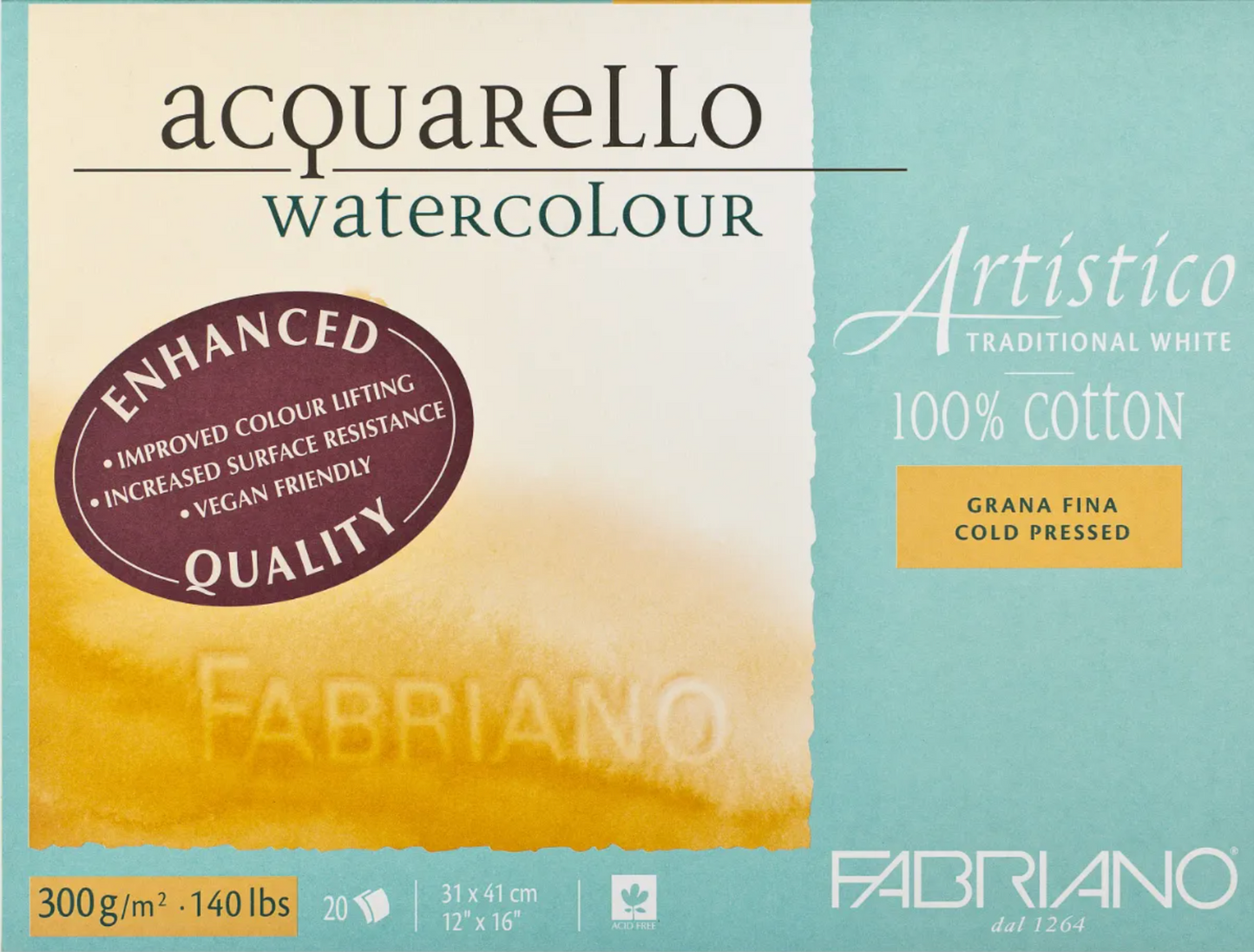 Fabriano Artistico Watercolour Enhanced 300gsm Cold Press Traditional White 20 Sheet Blocks