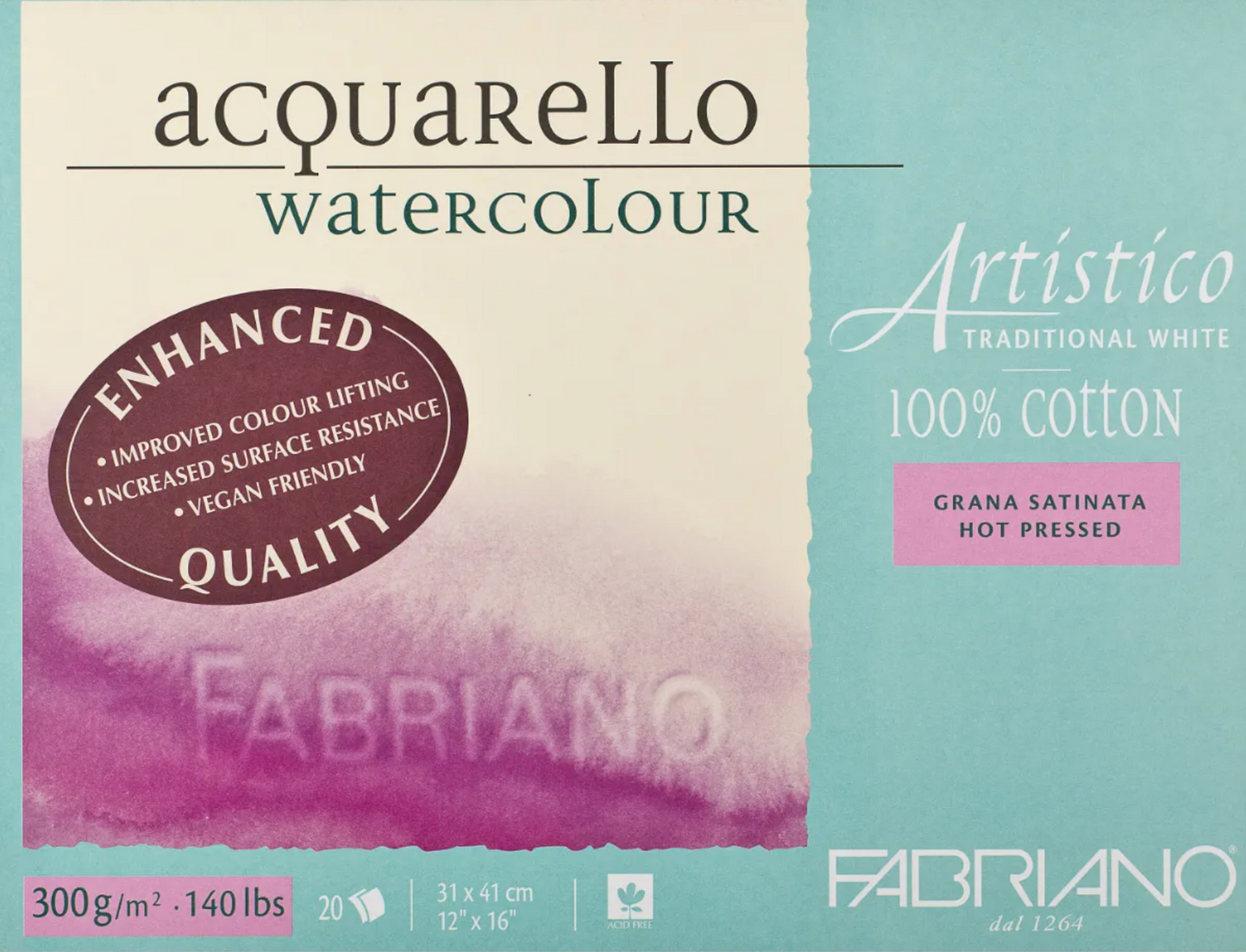 Fabriano Artistico Watercolour Enhanced 300gsm Hot Press Traditional White 20 Sheet Blocks