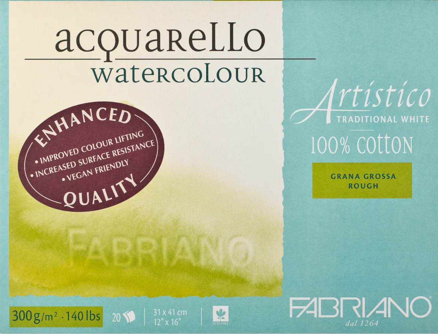 Fabriano Artistico Watercolour Enhanced 300gsm Rough Traditional White 20 Sheet Blocks