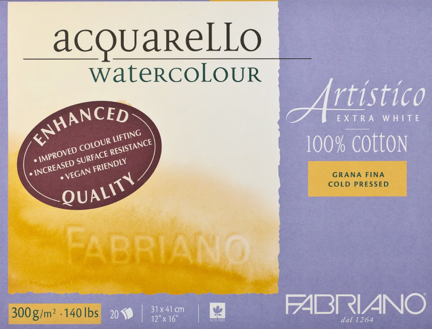 Fabriano Artistico Watercolour Enhanced 300gsm Cold Press Extra White 20 Sheet Blocks