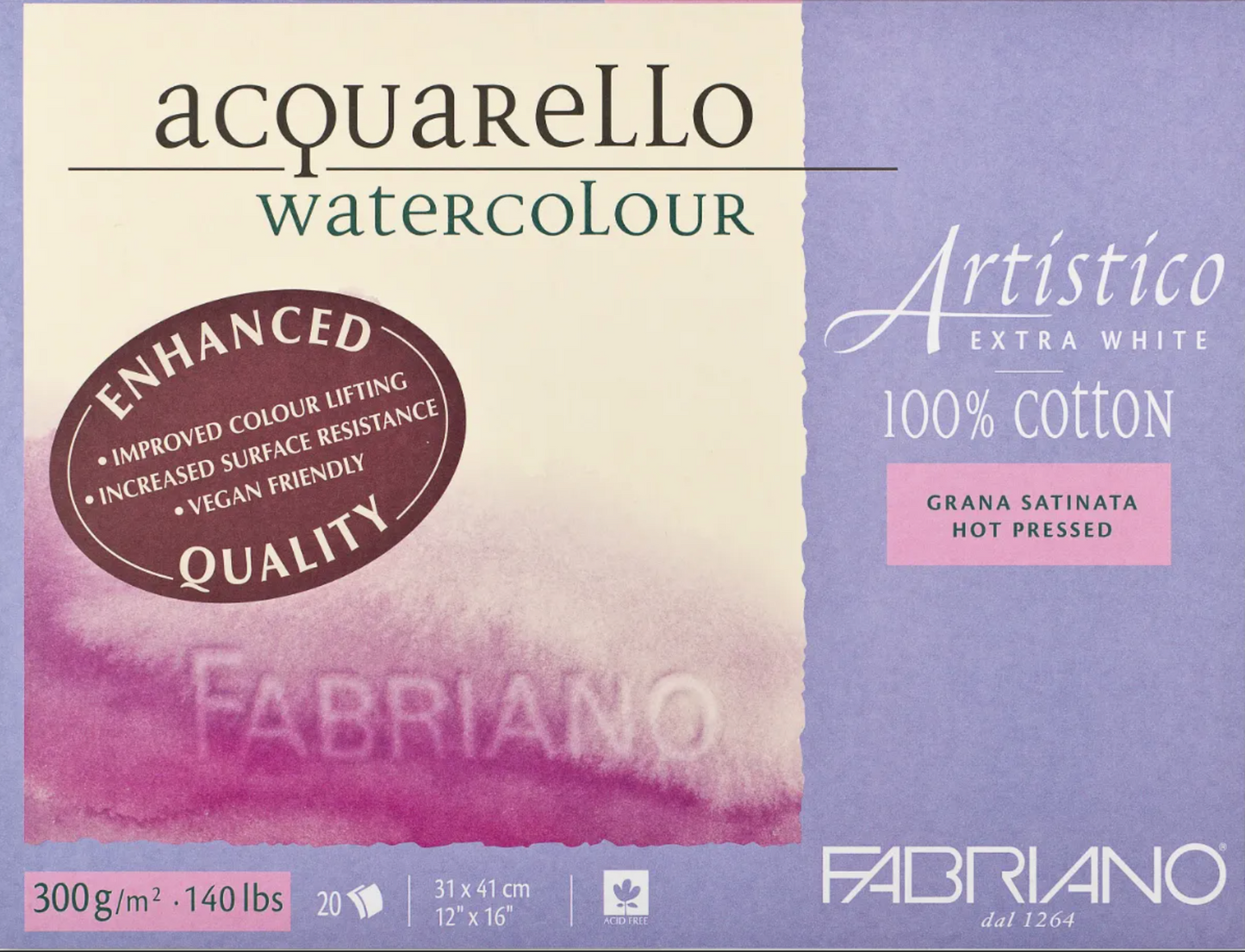Fabriano Artistico Watercolour Enhanced 300gsm Hot Press Extra White 20 Sheet Blocks