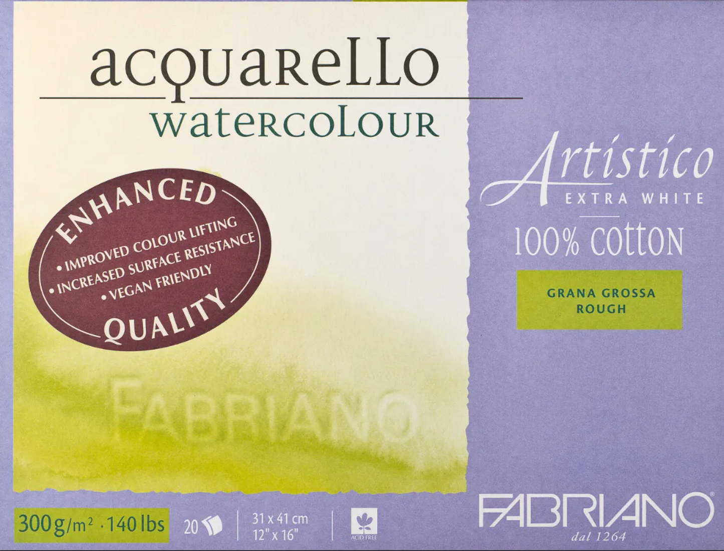 Fabriano Artistico Watercolour Enhanced 300gsm Rough Extra White 20 Sheet Blocks