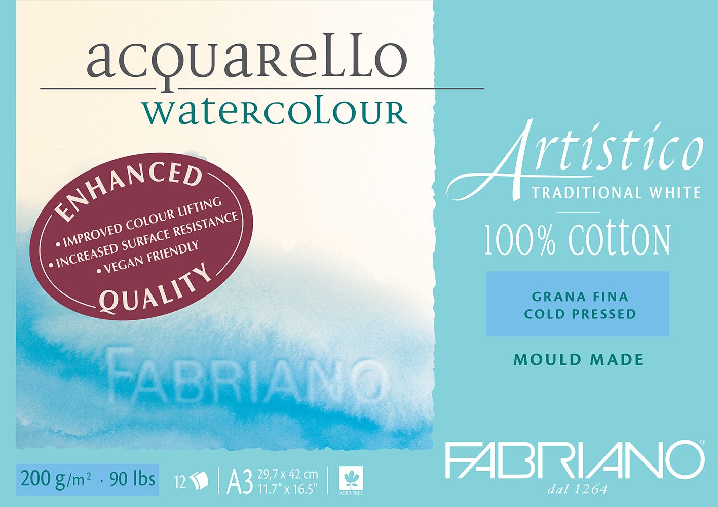 Fabriano Artistico Watercolour Enhanced 200gsm Cold Press 12 Sheet Pads