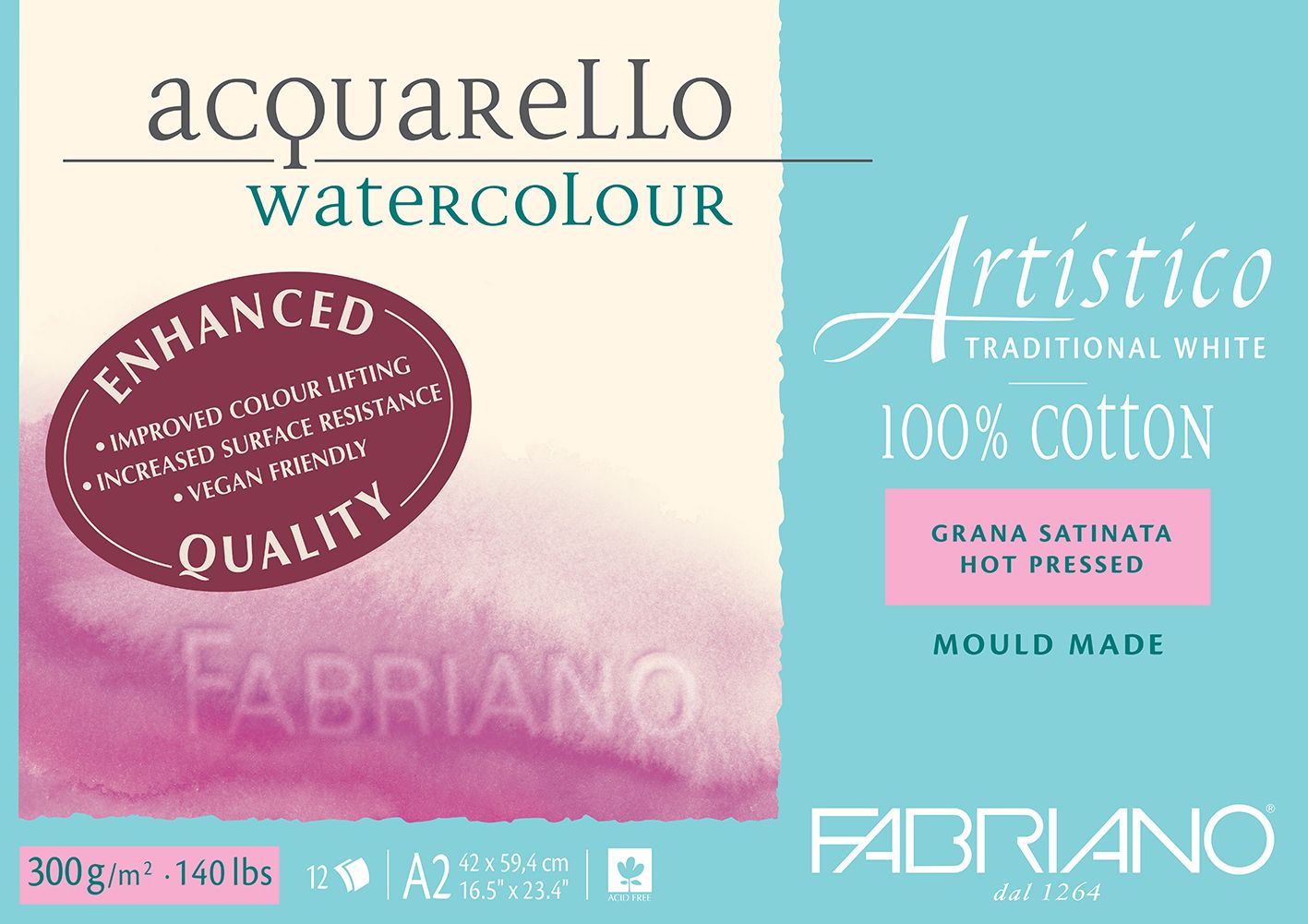 Fabriano Artistico Watercolour Enhanced 300gsm Hot Press 12 Sheet Pads