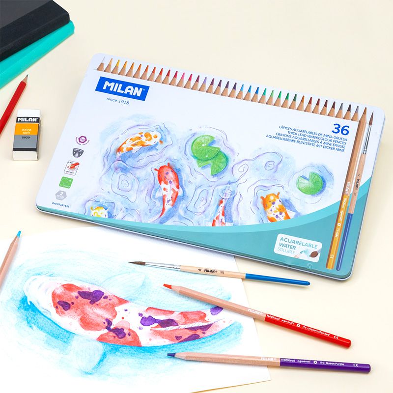 Milan Hexagonal Watersoluble Colouring Pencils Set of 36 in a Metal Box