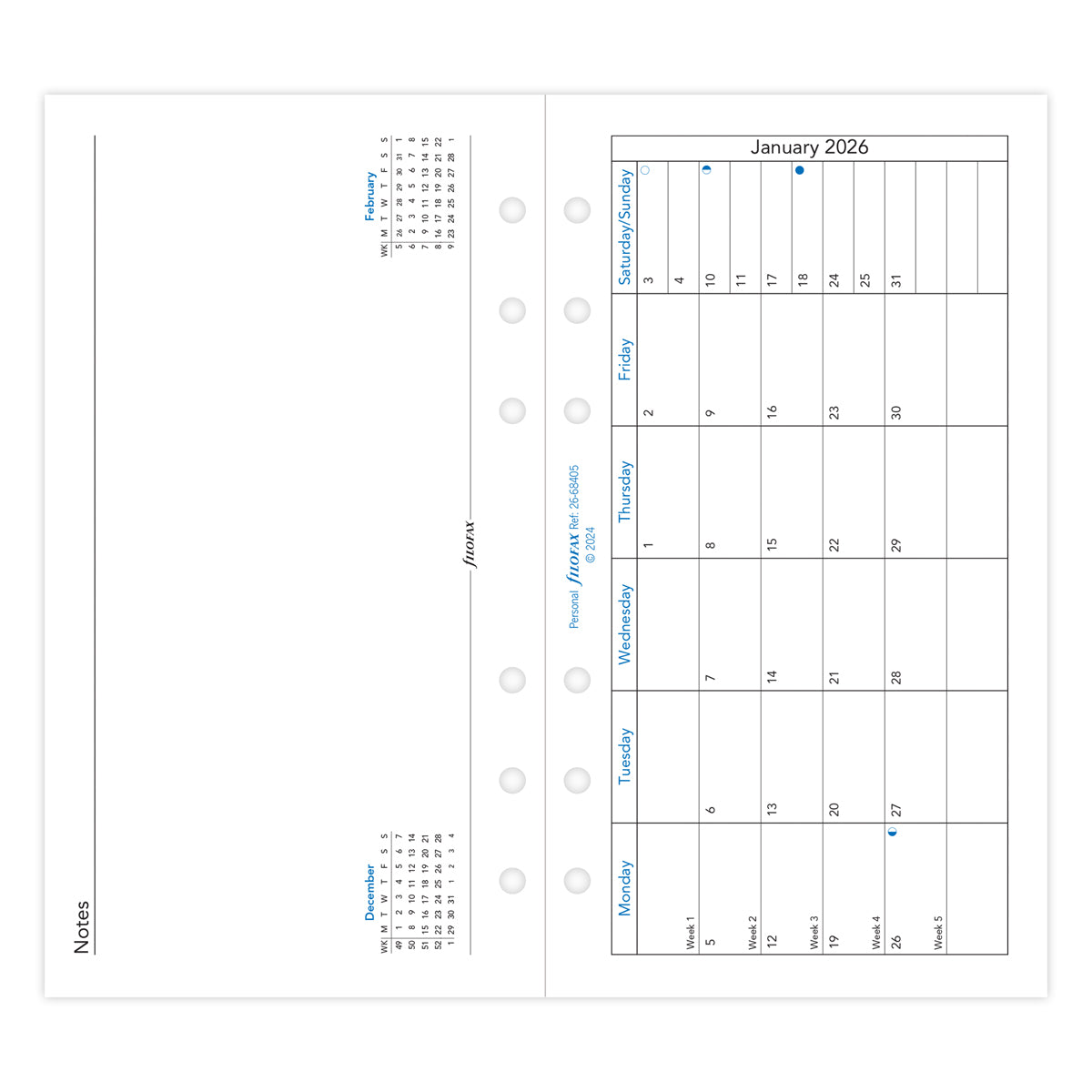 Filofax Refill Classic Month To A Page With Notes Personal 2026
