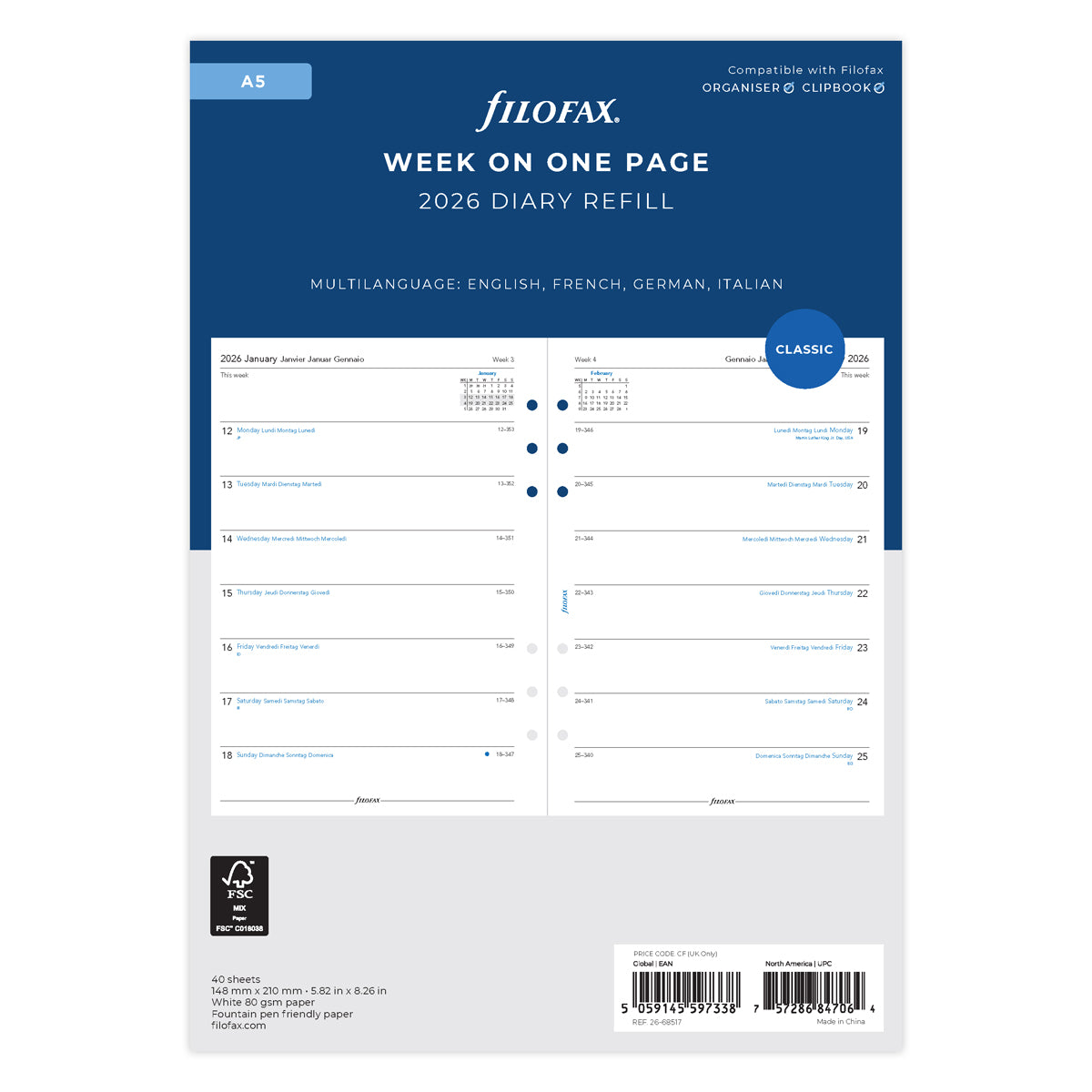 Filofax Refill Classic Week Per Page A5 ML 2026