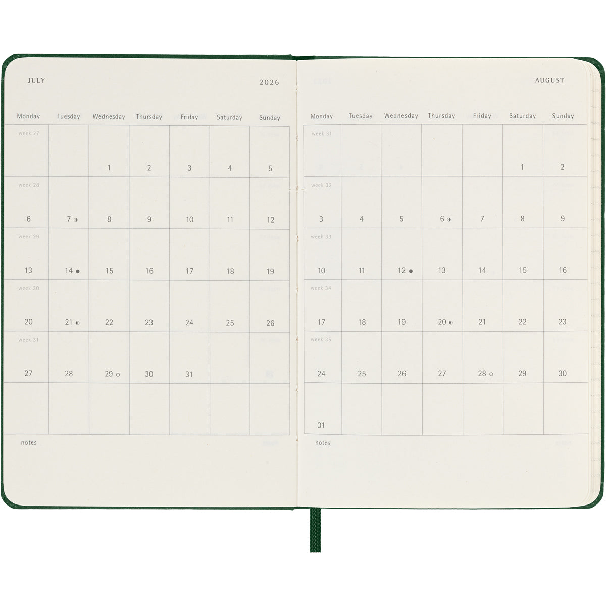 Moleskine Diary 12 Month Weekly + Notes HC Pocket Myrtle Green 2026