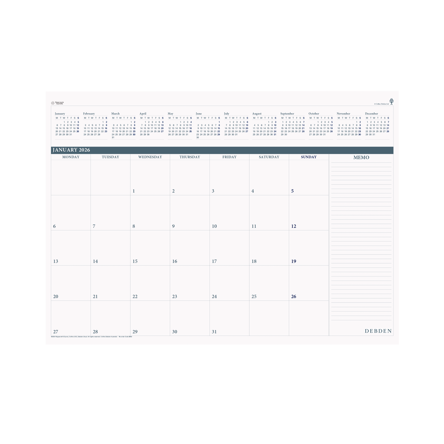 Debden Desktop Planner 382X540 Month to View Refill 2026