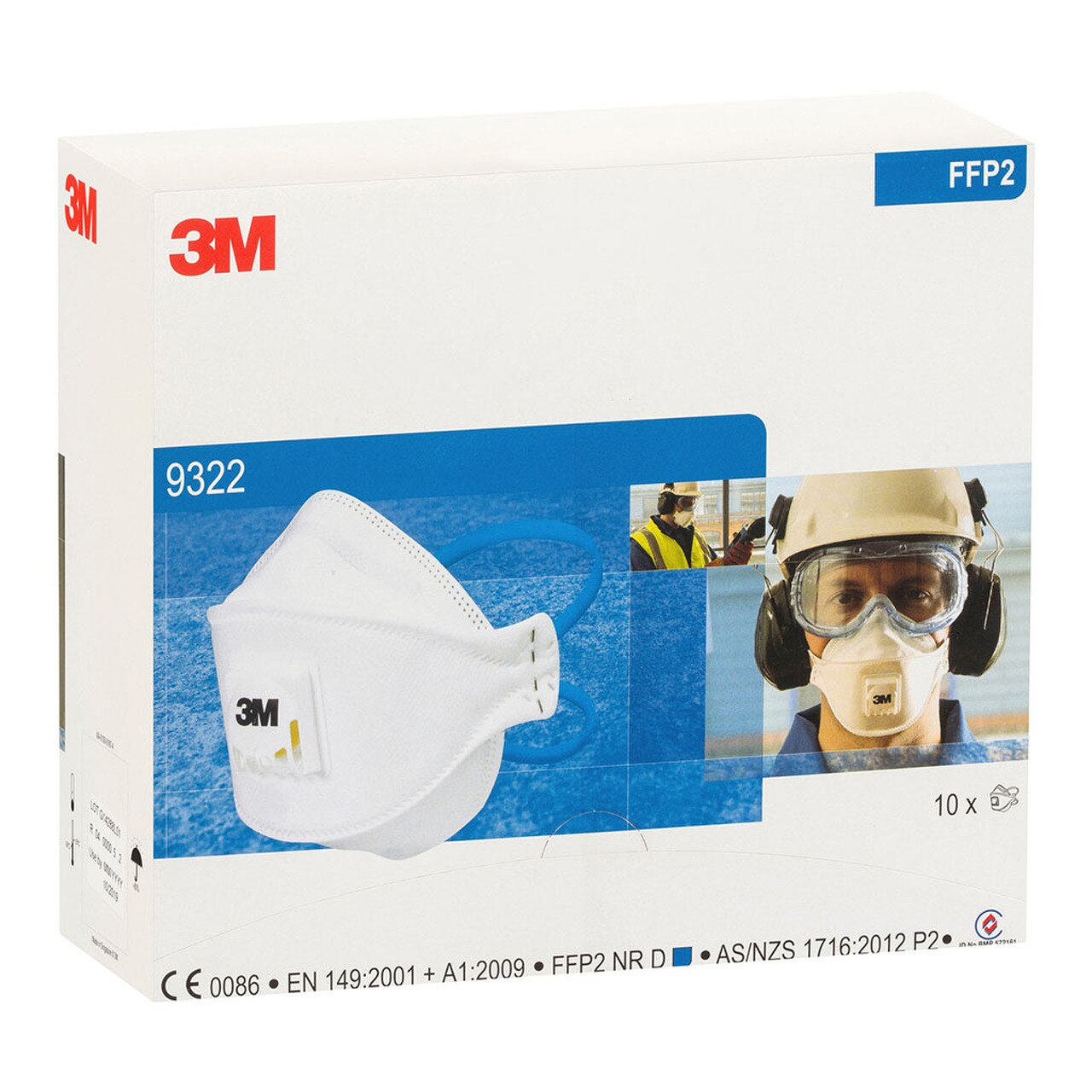 3M Respirator Aura 9322a+ Flat Fold Standard White P2 Pack Of 10