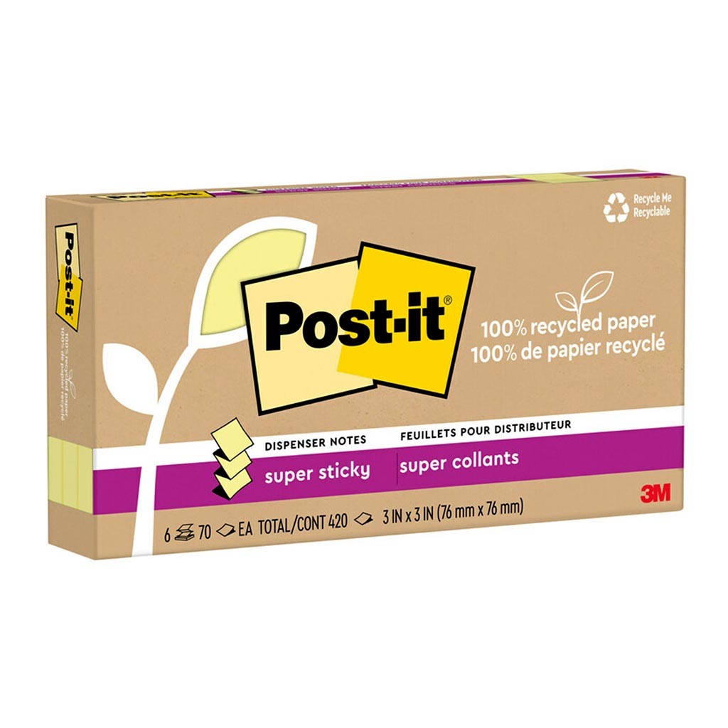 Post-it 100 Recycled 76x76mm Yellow Super Sticky Pop Up Notes Pack of 6