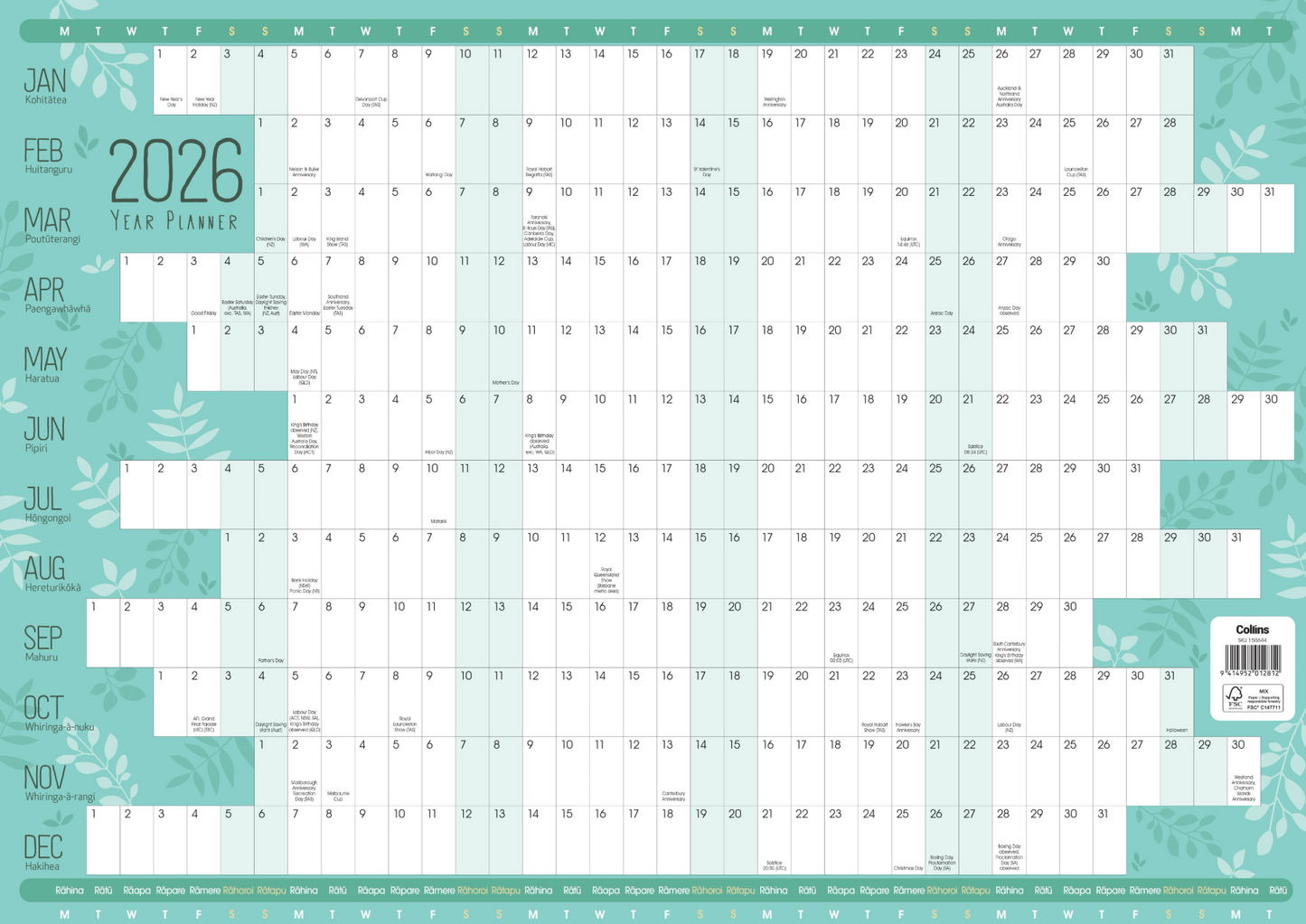 Collins A2 Designer Wallplanner Unlaminated Even Year