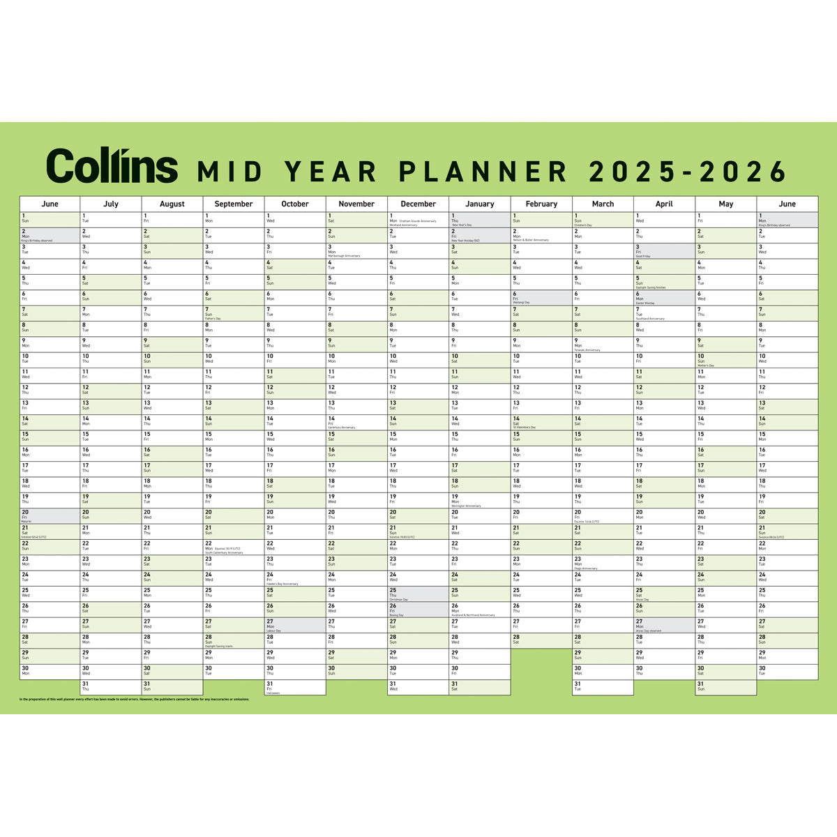 Collins Wall Planner Mid Year Large 2025/2026