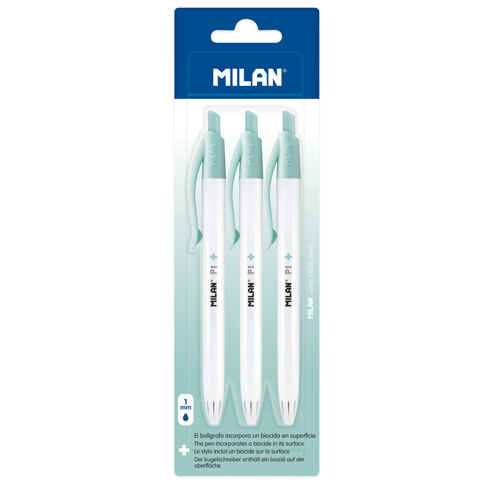 Milan Anti-Bacterial P1+ Ballpoint Pens Pack Of 3 Blue
