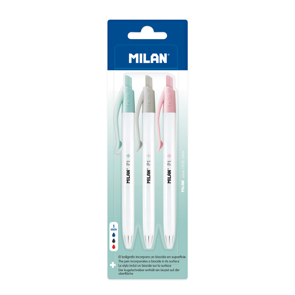 Milan Anti-Bacterial P1+ Ballpoint Pens Pack Of 3 Assorted