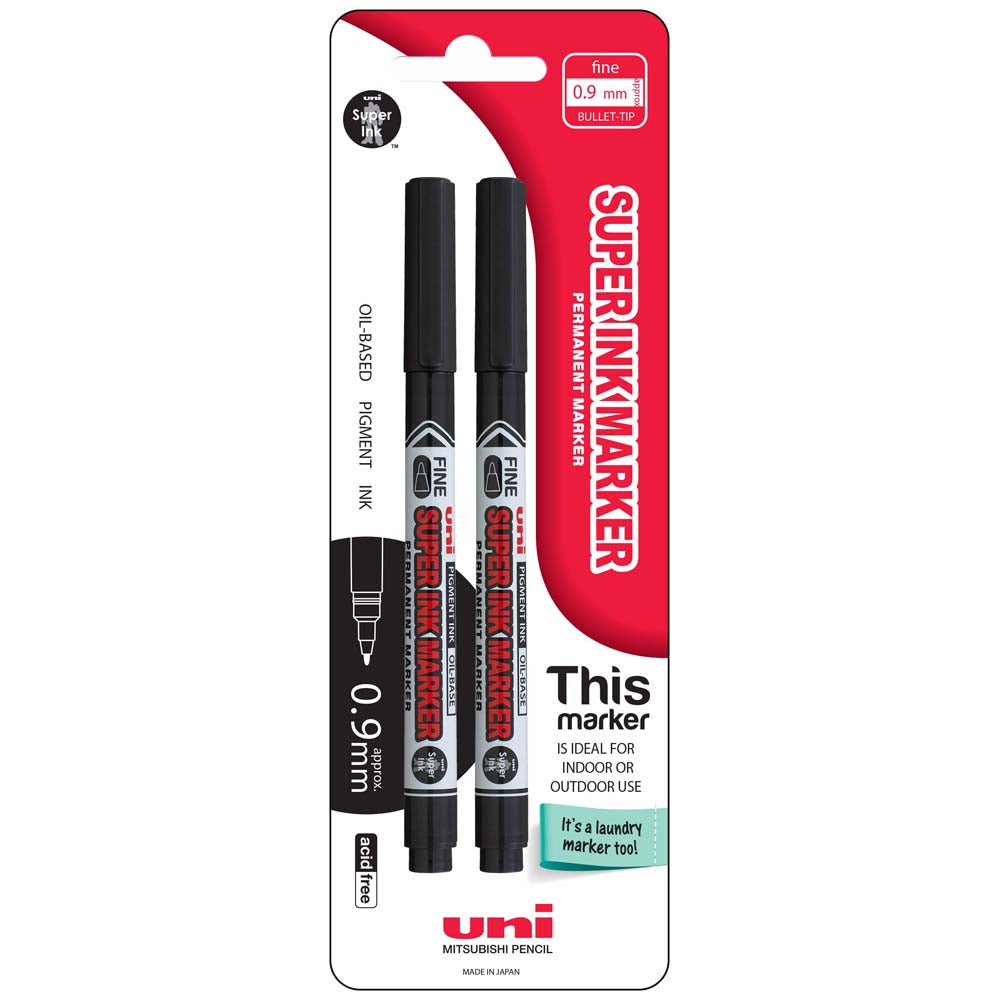 Uni Super Ink 0.9mm Black Permanent Markers Set Of 2