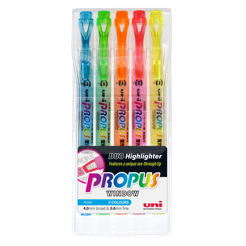 Uni Propus Window Double-ended 4.0mm/0.6mm Highlighters Set Of 5