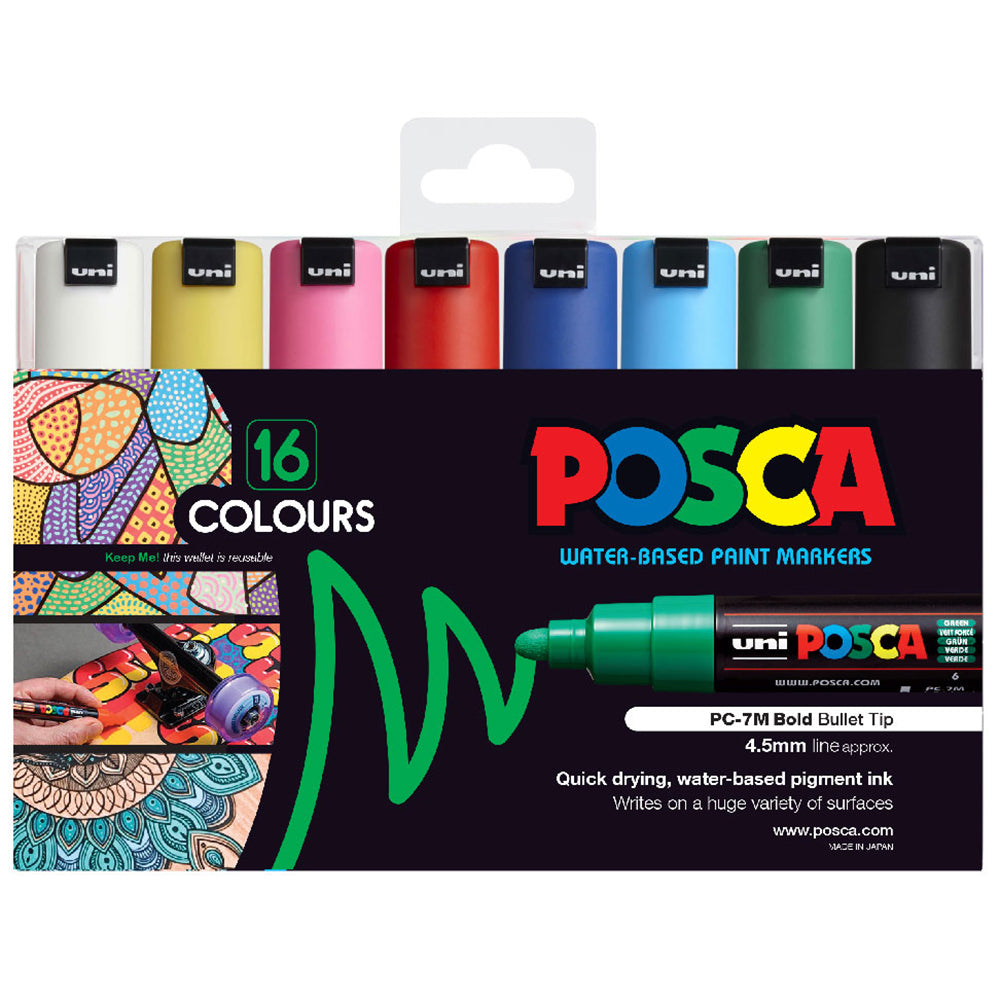 Uni Posca Marker 4.5-5.5mm Bold Bullet 16 Pack Assorted PC-7M