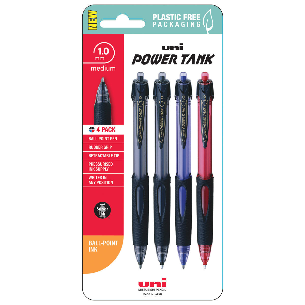 Uni PowerTank 1.0mm Retractable Assorted Ballpoint Pens Set of 4