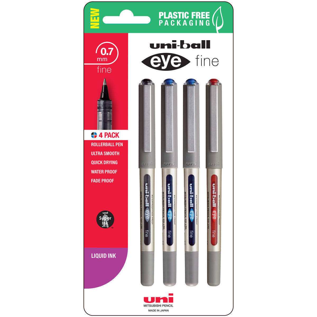 Uni Eye 0.7mm Fine Capped Assorted Pens Set of 4
