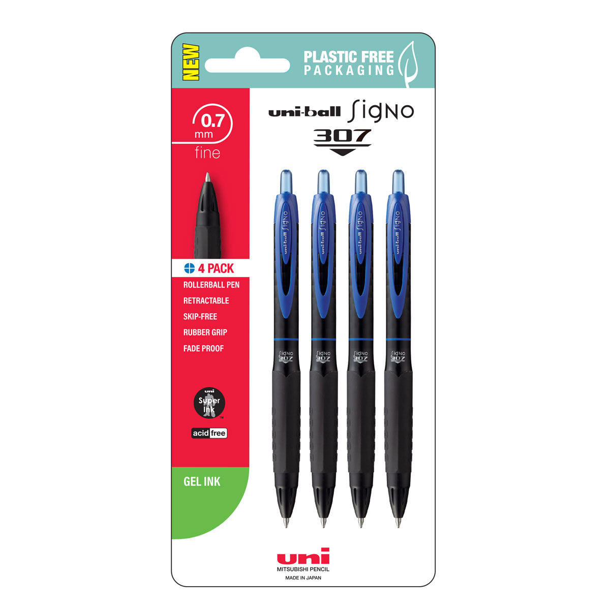 Uni Signo 307 0.7mm Fine Blue Retractable Gel Pens Set of 4