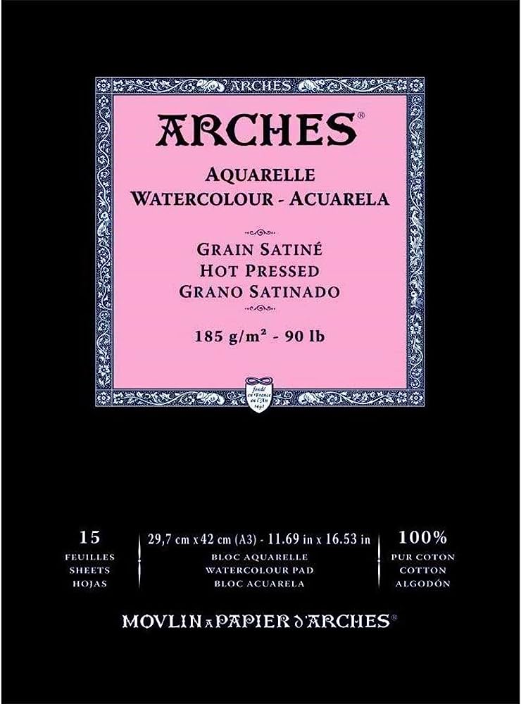 Arches Watercolour Natural White 185gsm Hot Pressed 15 Sheets Blocks