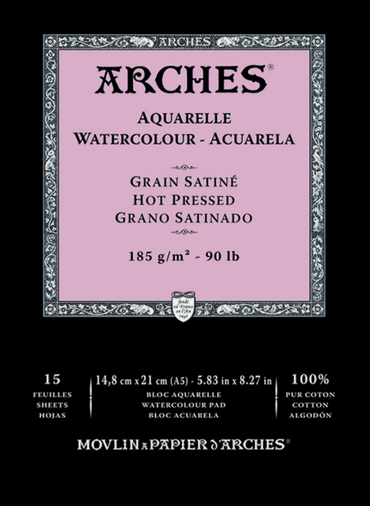 Arches Watercolour Natural White 185gsm Hot Pressed 15 Sheets Blocks