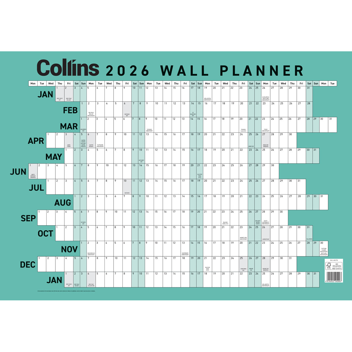 Collins Wallplanner A2 Laminated Even Year