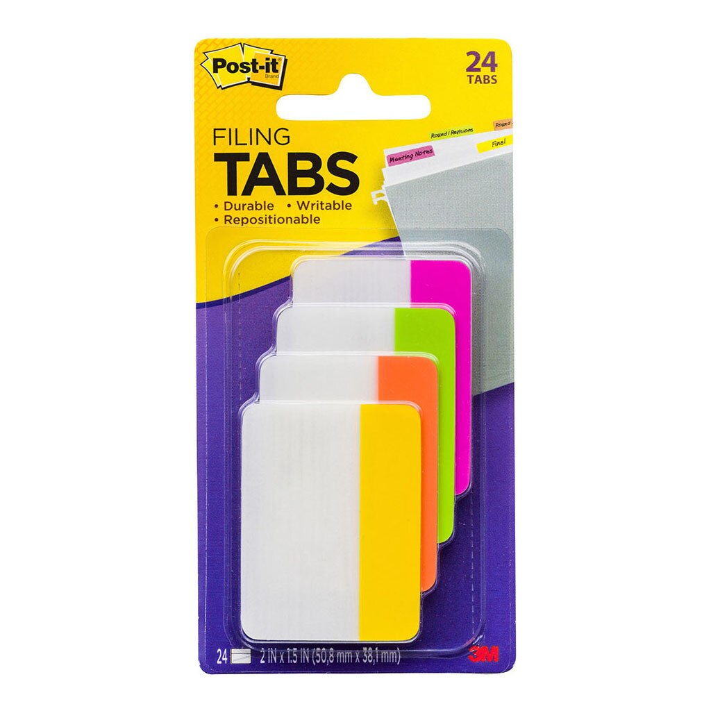Post-it Durable Filing Tab 686-ploy Pink Lime Orange Yellow Straight 50x38mm Pack Of 24