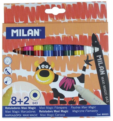 Milan Maxi Magic Fibre Tip Water Based Pens 3.25mm 8 Colours + 2 Magic Pens