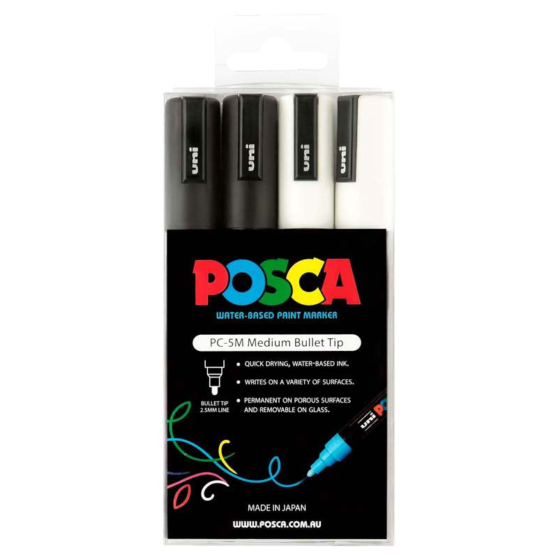 Uni Posca PC-5M 1.8-2.5mm Black/White Markers Set of 4