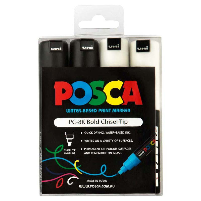 Uni Posca PC-8K 8.0mm Bold Chisel Black & White Markers Set of 4
