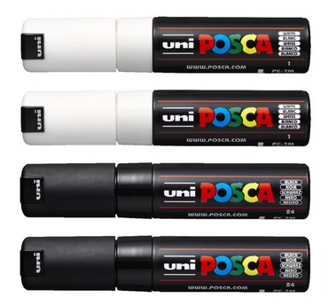 Uni Posca PC-7M 4.5-5.5mm Black/White Markers Set of 4