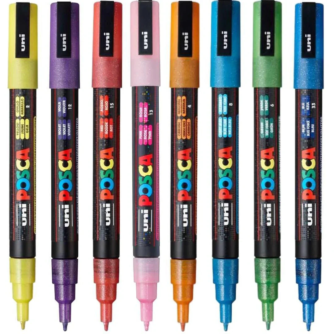 Uni Posca PC-3M 0.9-1.3mm Fine Tip Glitter Markers Set of 8