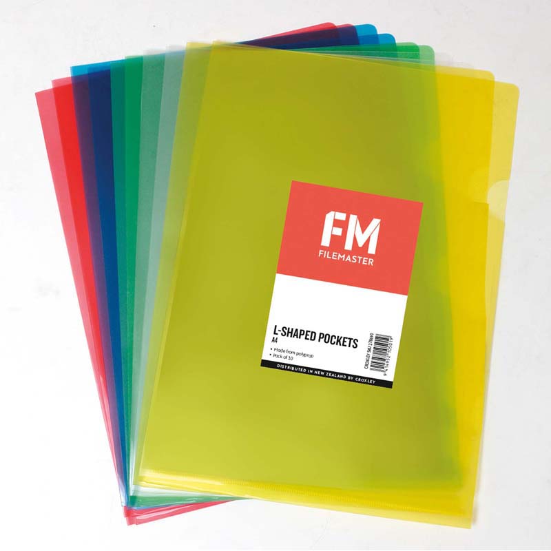 FM Pocket L Shape Clear Size A4 Assorted 10 Pack Hangsell Polypropylene