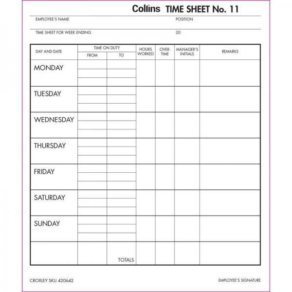 Collins Wage Time Sheets No.11 Size 187mm X 220mm 100 Leaf