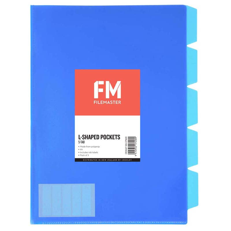 FM Pocket L Shape 5 Tab Dividers Size A4 Blue 5 Pack
