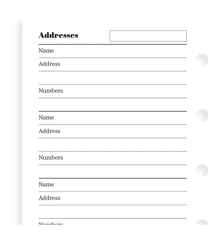 Filofax Name, Address, Telephone Number Pocket Organiser Refill