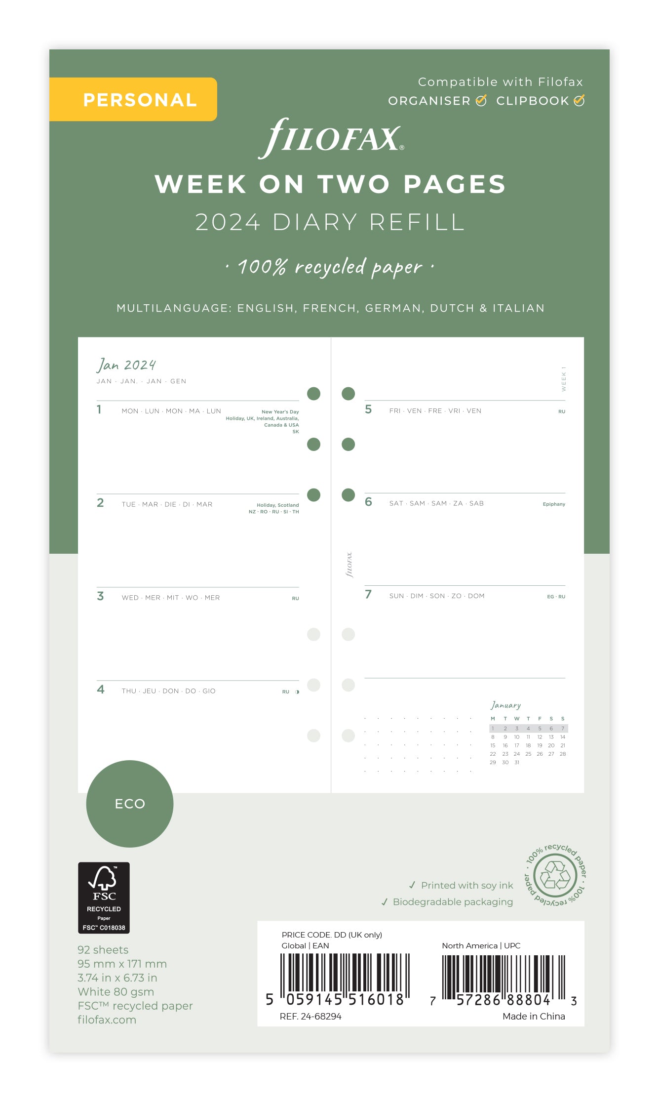 Filofax Eco Personal Week on Two Pages Diary Refill