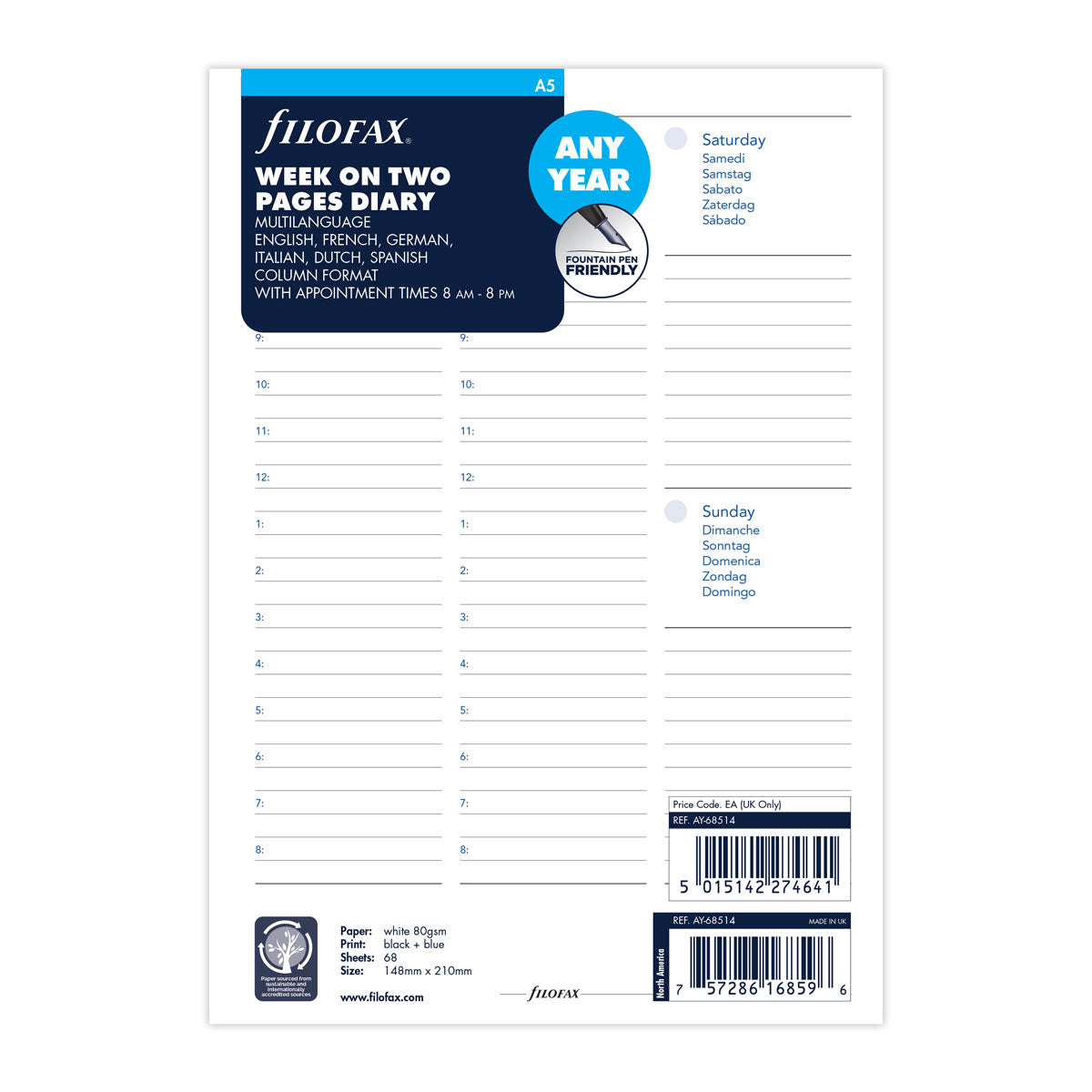 Filofax Any Year A5 Week to View Diary Refill