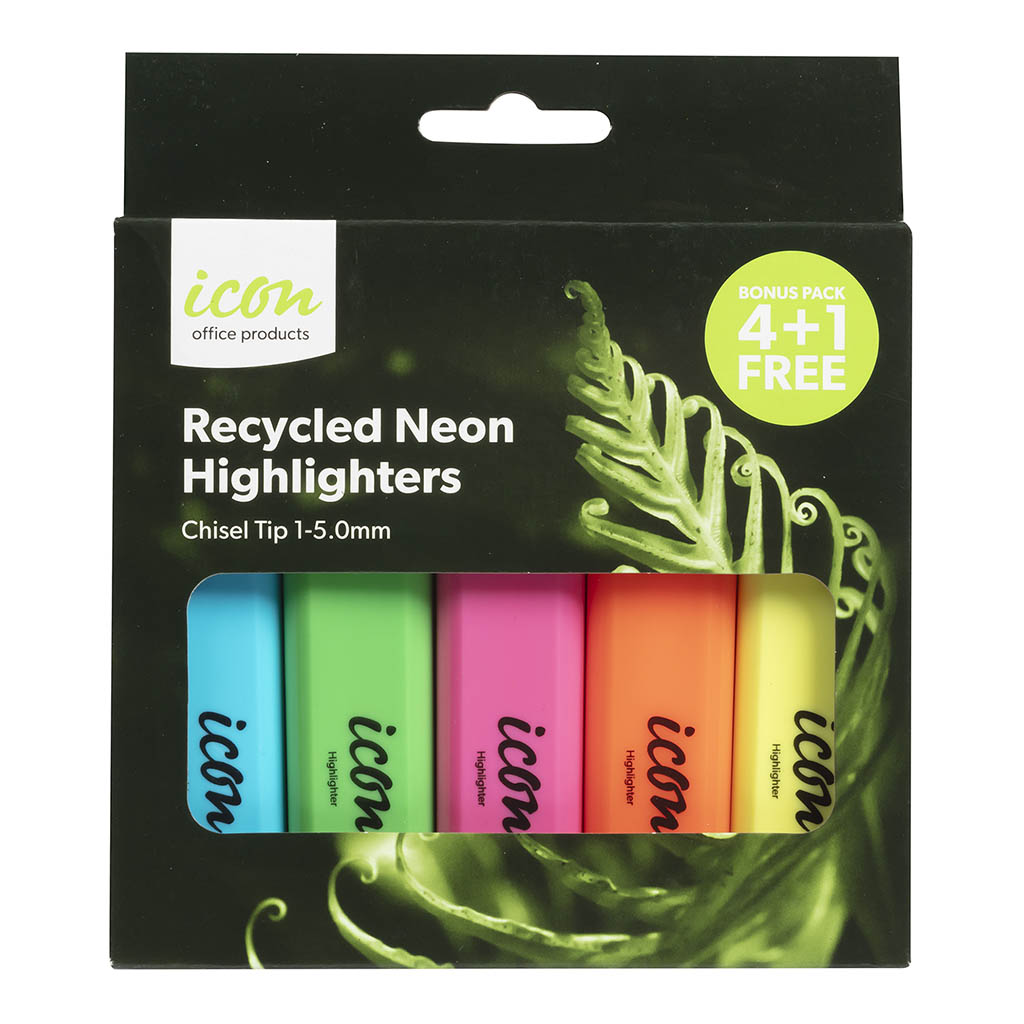 Icon Recycled Highlighter Chisel Tip 4+1 Bonus Pack Neon