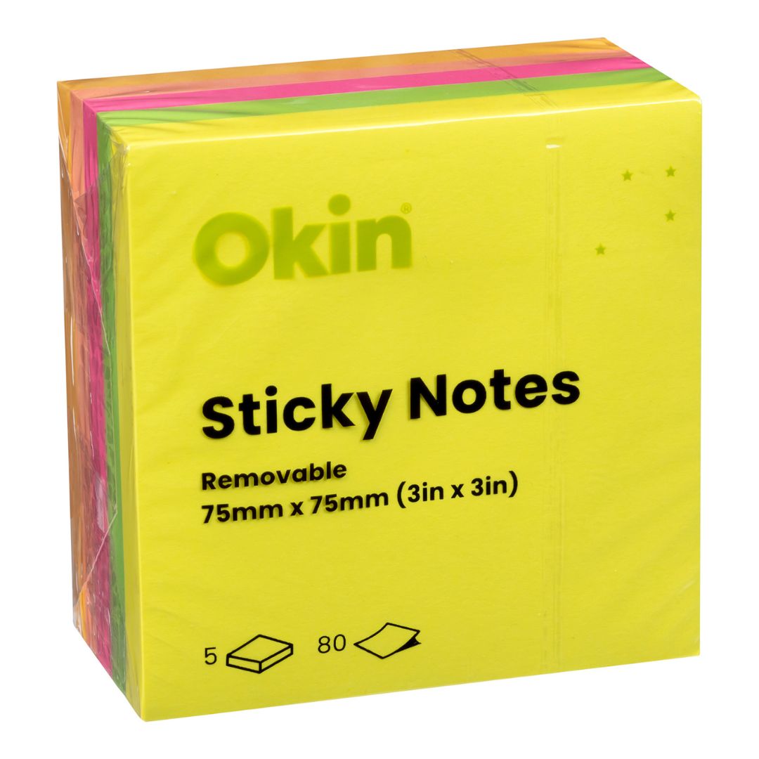Okin Sticky Notes 75x75mm Neon