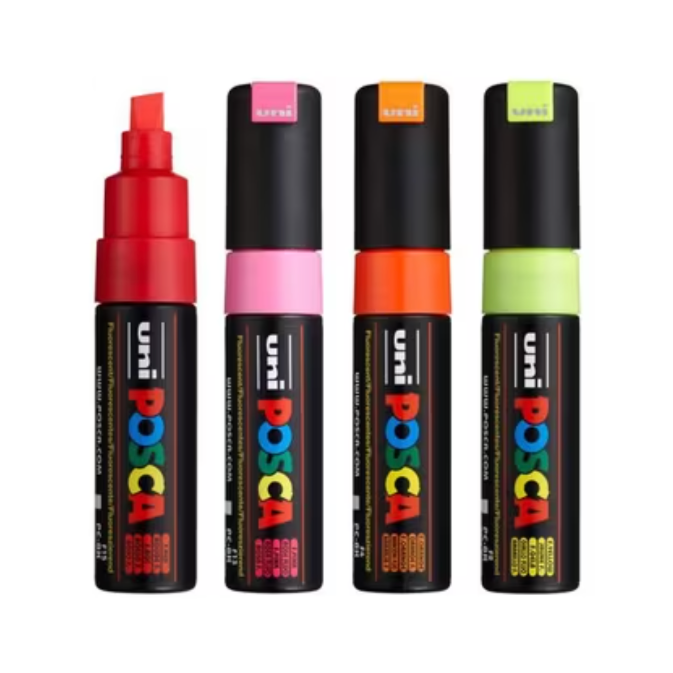 Uni Posca PC-8K 8.0mm Bold Chisel Tip Fluoro Markers Set of 4