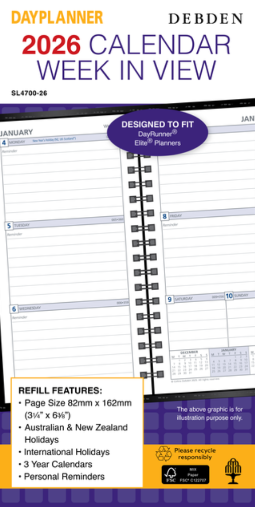 Debden Dayplanner Slim Week to View Refill 2026