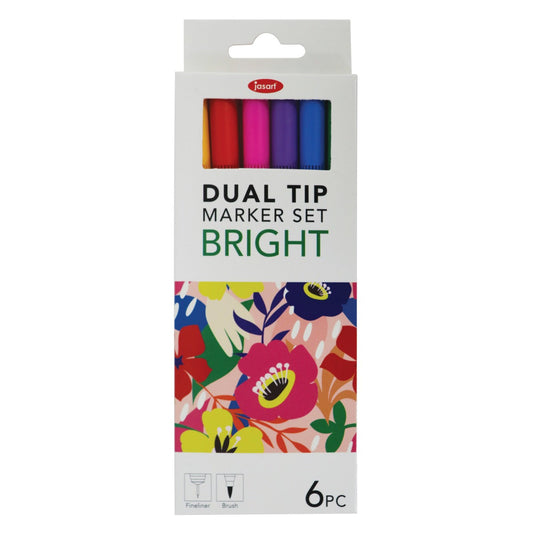 Jasart Dual Nib Bright Brush Fineliners Set Of 6