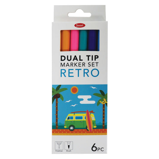 Jasart Dual Nib Retro Brush Fineliners Set Of 6