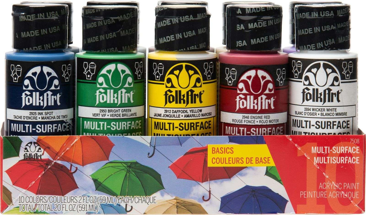 FolkArt Multi-Surface 59ml Basics Acrylic Paints - Set Of 10