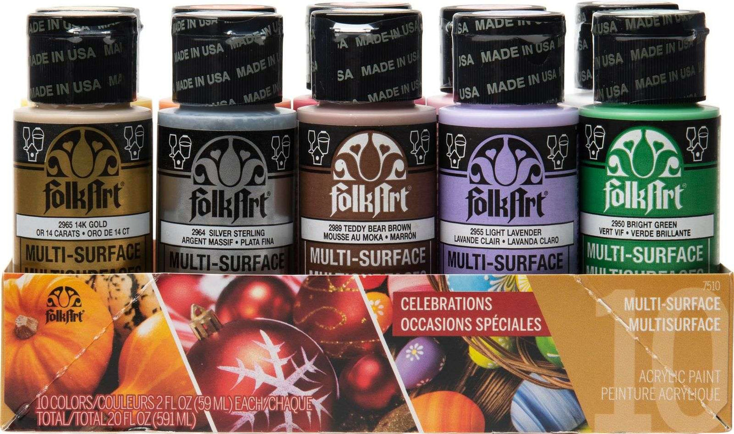FolkArt Multi-Surface 59ml Celebrations Acrylic Paints - Set Of 10