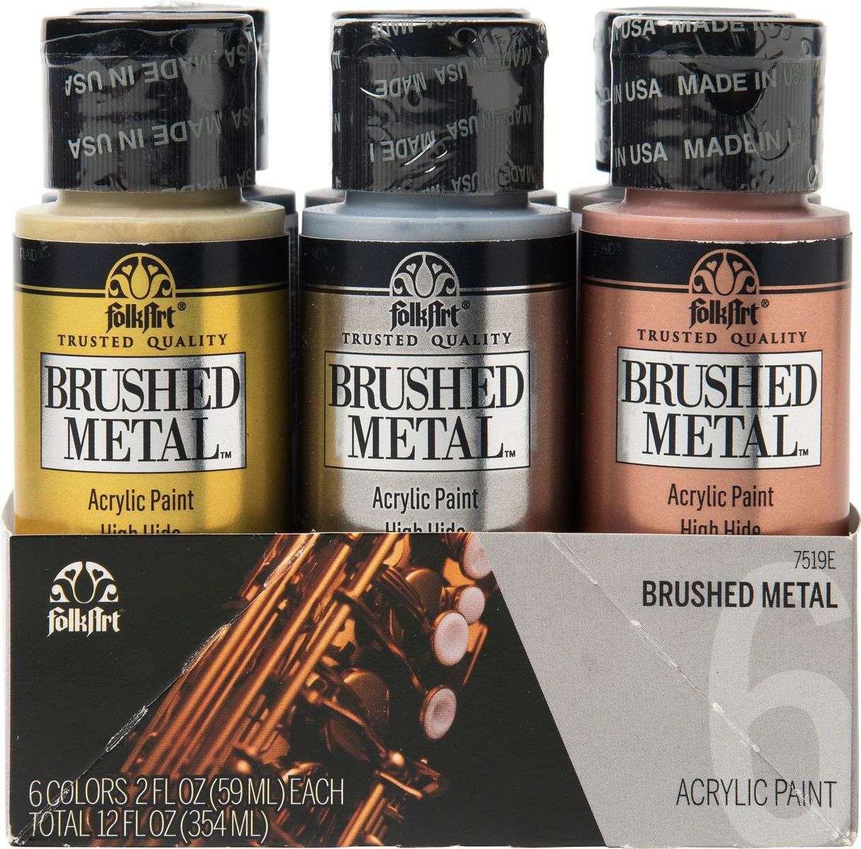 FolkArt Acrylic Brushed Metal Paints 59ml - Set Of 6