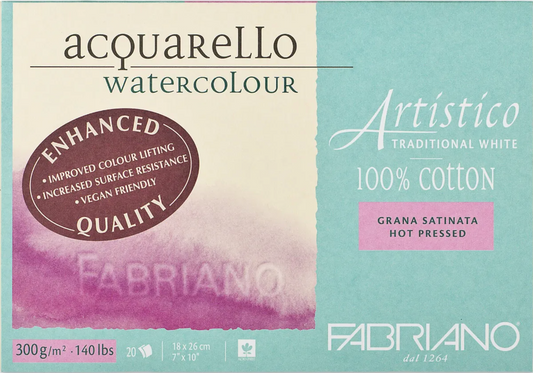 Fabriano Artistico Watercolour Enhanced 300gsm Hot Press Traditional White 20 Sheet Blocks